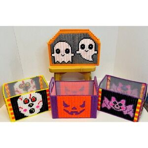 Set of 4 Halloween Plastic Canvas Needlepoint Boxes Homemade Ghost Bats Pumpkins